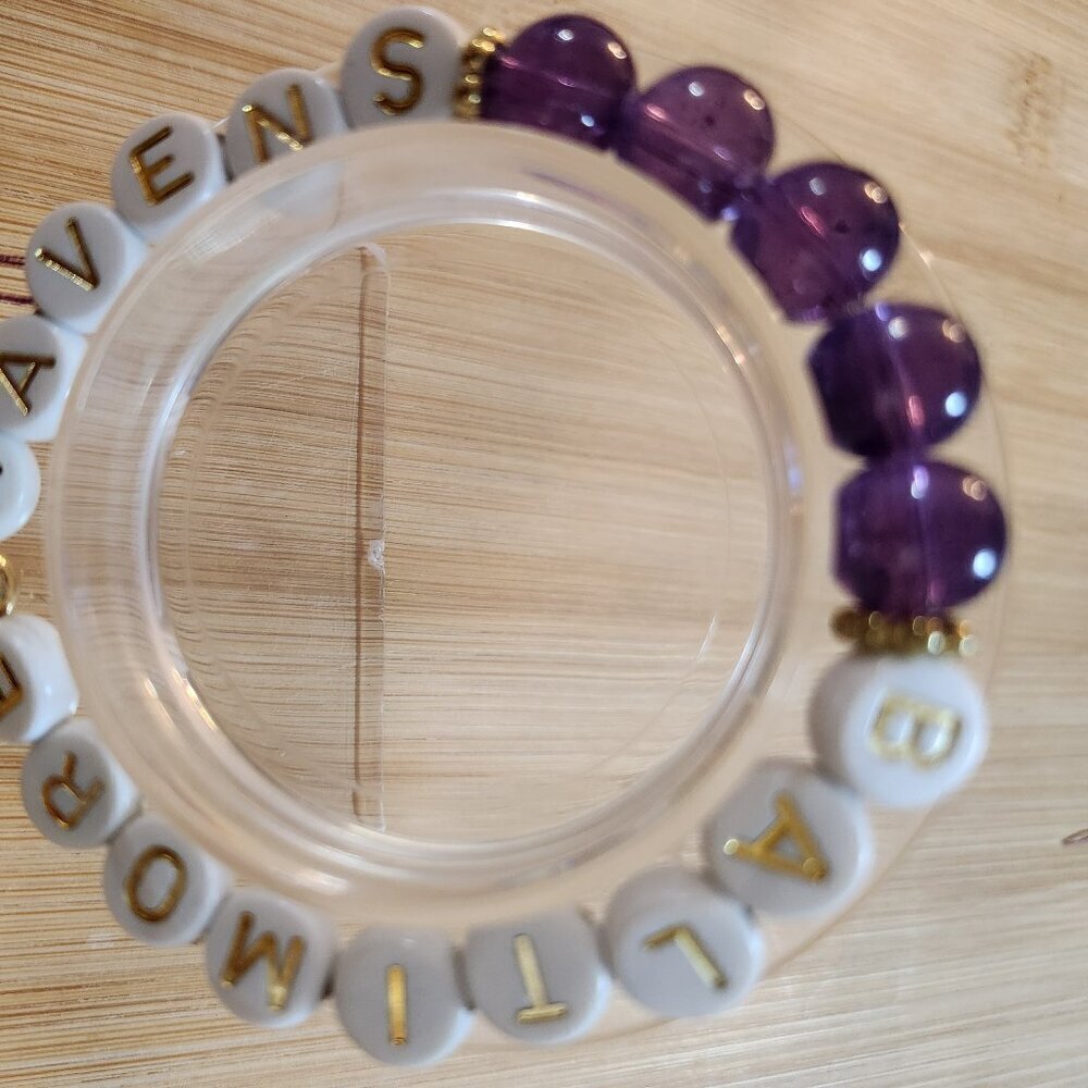 Hand Crafted Stretch Bracelet Purple White Gold Baltimore Ravens - Picture 5 of 5